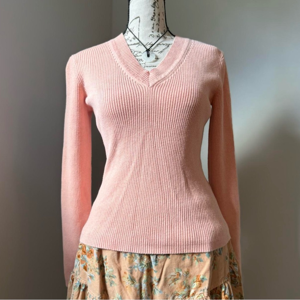 y2k pink rib knit cotton long sleeve vneck sweater